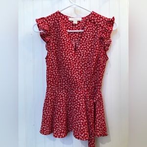 Women’s Red Floral Wrap Shirt, Small